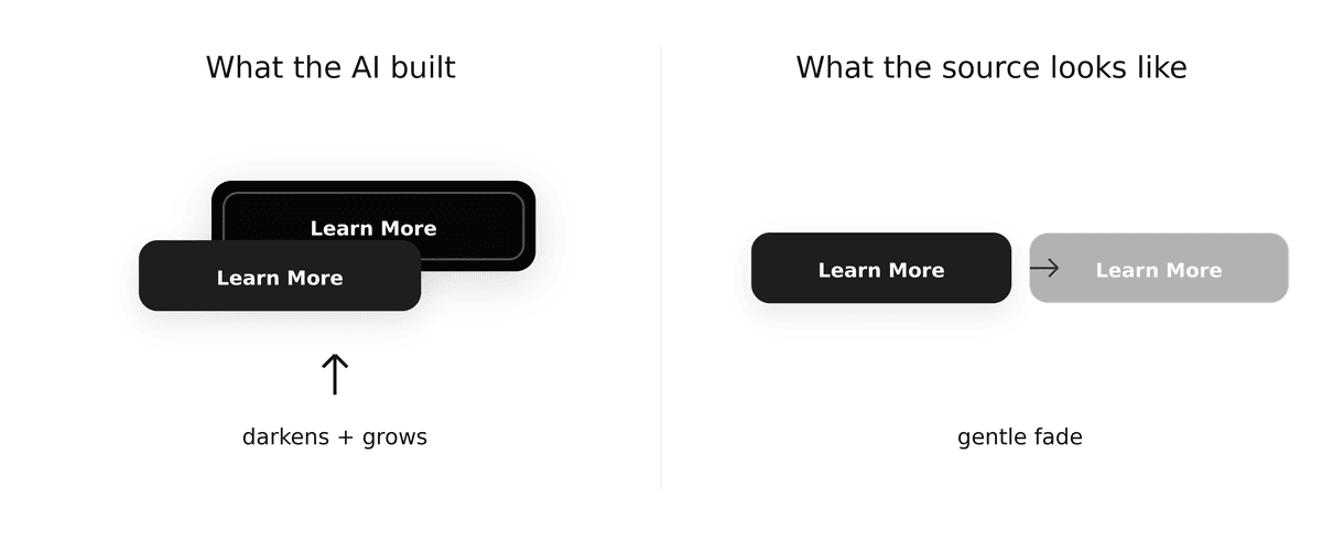 Side-by-side comparison — left shows a button with a darkening hover effect, right shows a button with a gentle opacity fade on hover, demonstrating different interaction feels
