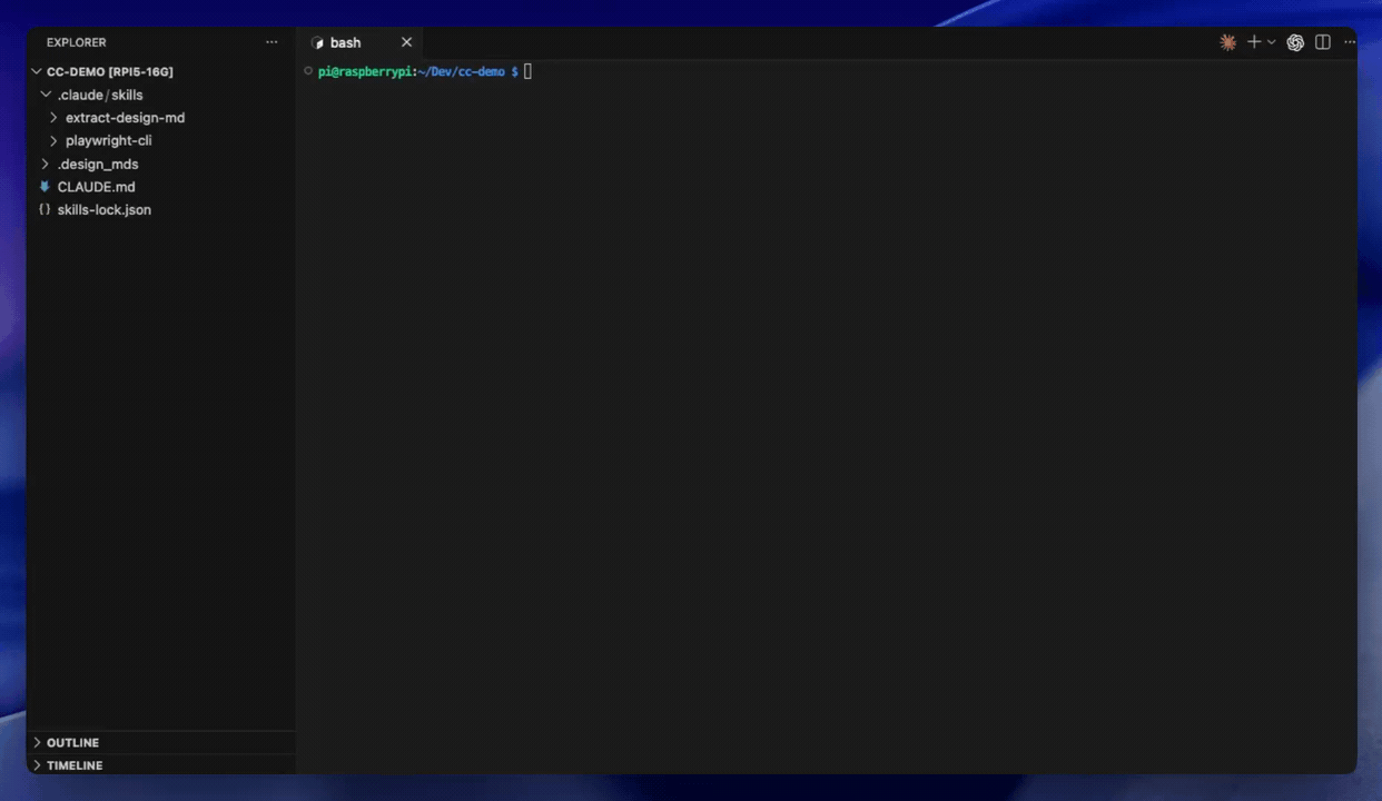 Terminal zooming in as the install command appears — npx skills add nathanonn/agent-skills with the extract-design-system skill and claude-code agent flags, in a fresh project with an empty file tree