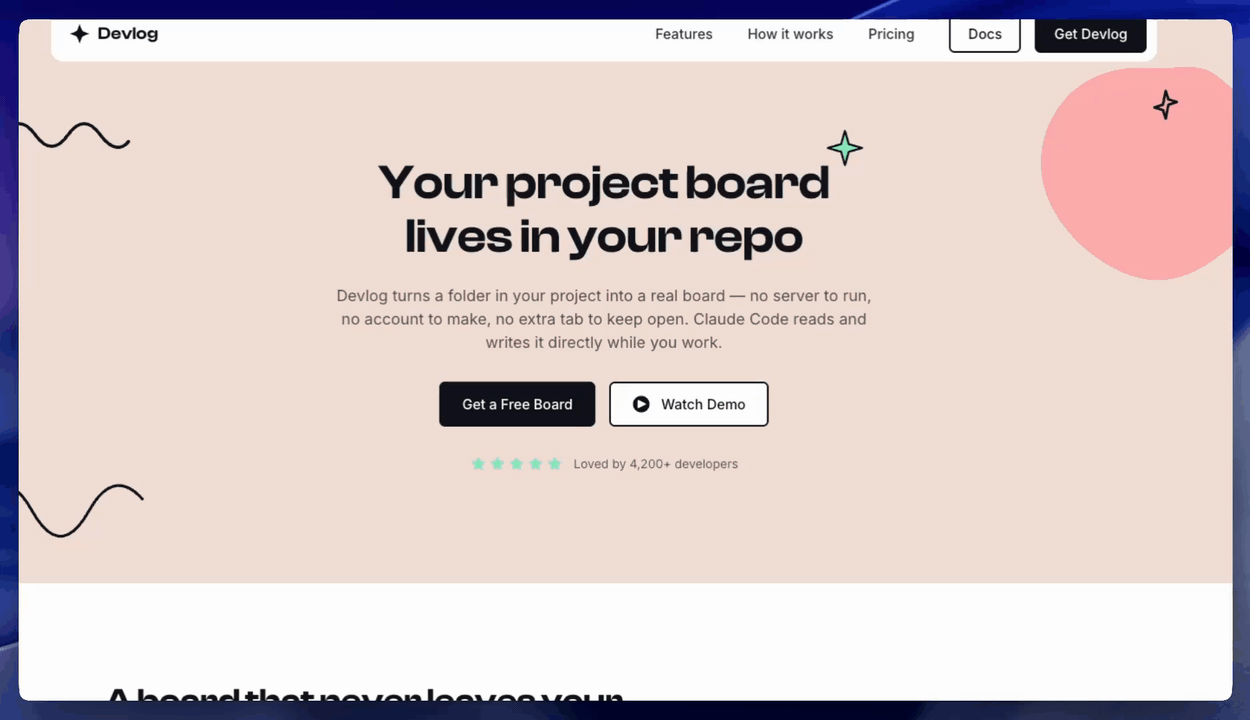 Full-page scroll of the generated Devlog landing page — hero with floating nav pill over peach canvas, feature cards with bold borders, how-it-works section on a green panel, pricing cards, mint CTA band, and footer — all native to the Doodler brand