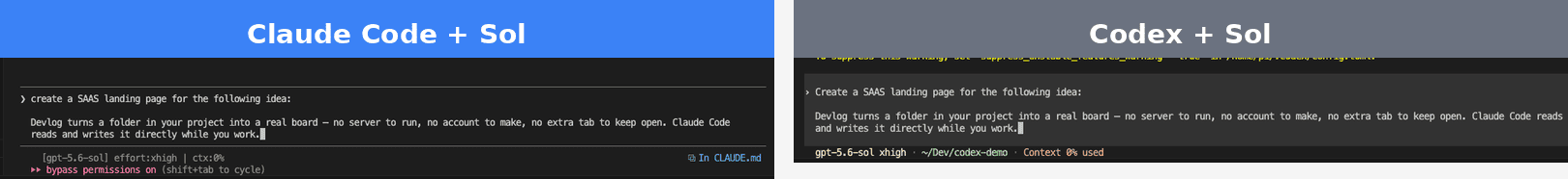 The same SaaS landing page prompt running in Claude Code (left) and Codex (right), both using GPT-5.6 Sol at xhigh effort