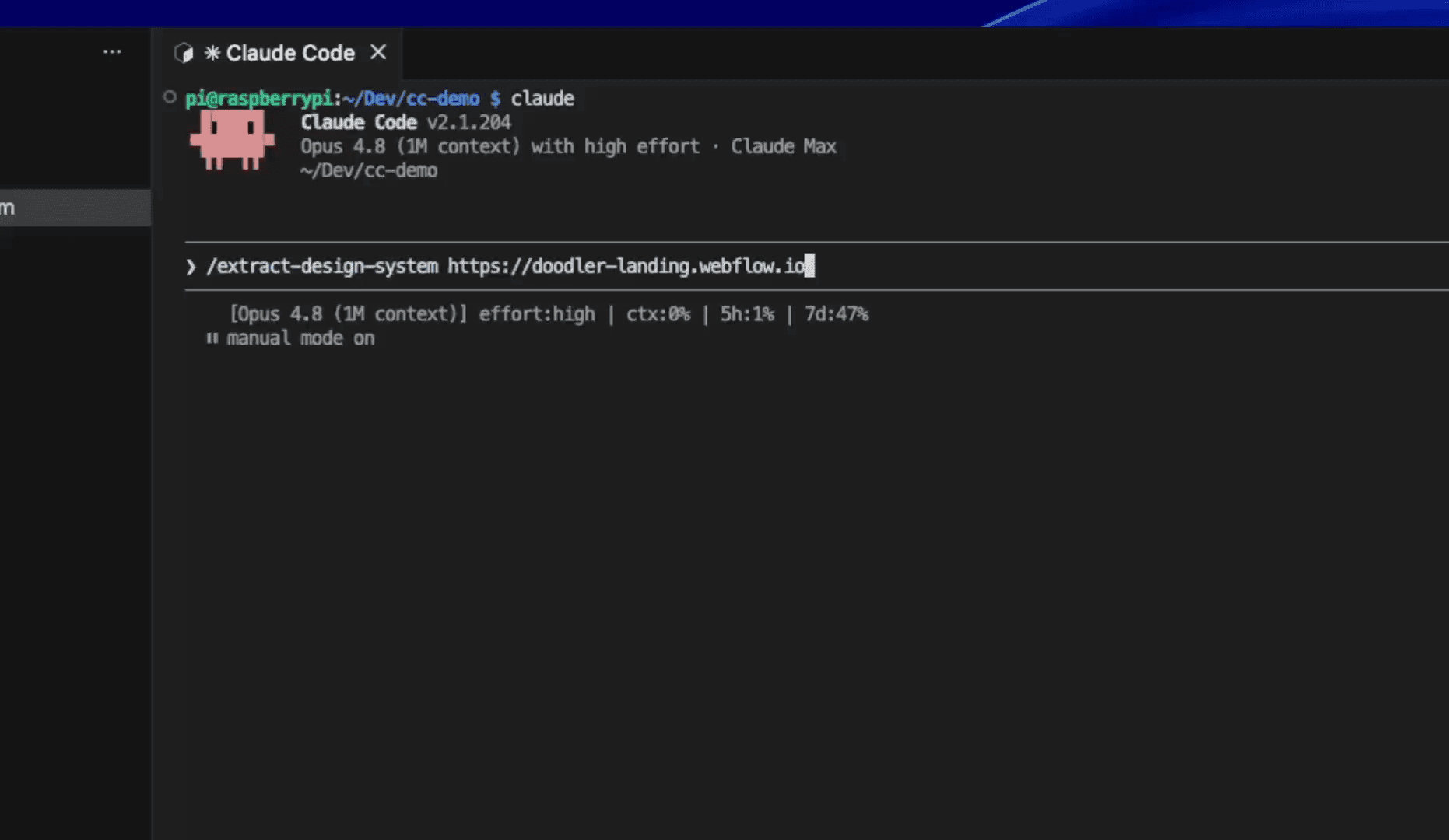 Claude Code with the slash command entered and zoomed in — /extract-design-system https://doodler-landing.webflow.io — pointing the skill at a live Webflow site