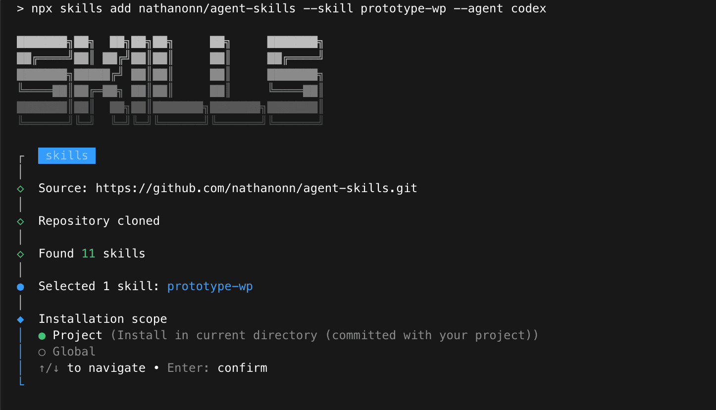 Terminal showing the skill installation command with repository cloned, 11 skills found, prototype-wp selected, and project installation scope chosen