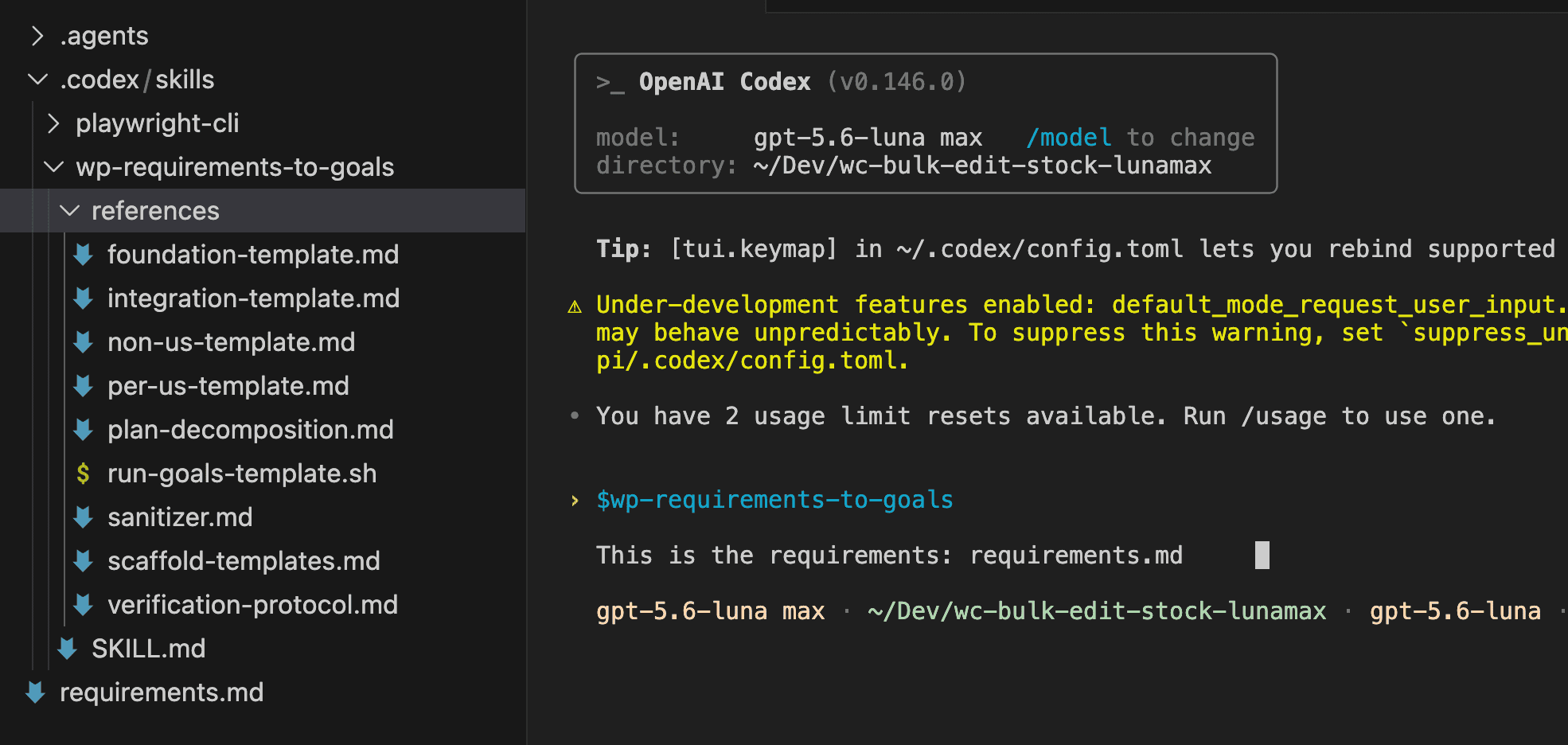 Codex terminal showing gpt-5.6-luna max as the active model, with the wp-requirements-to-goals skill loaded and the requirements document ready to process