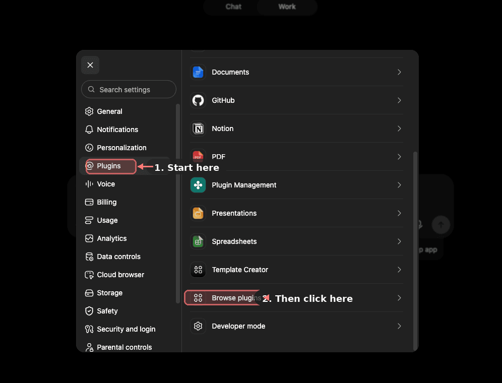 ChatGPT Work Settings panel with the Plugins tab selected, showing Browse plugins at the bottom of the plugin list