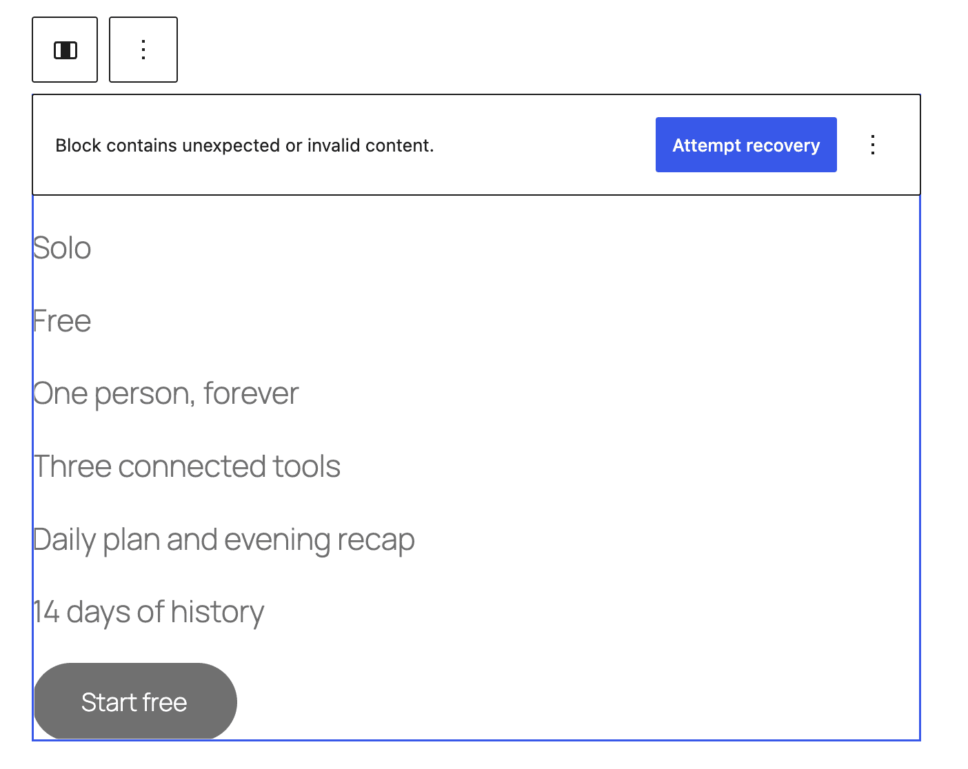 WordPress block editor showing a broken block with "Block contains unexpected or invalid content" error and "Attempt recovery" button