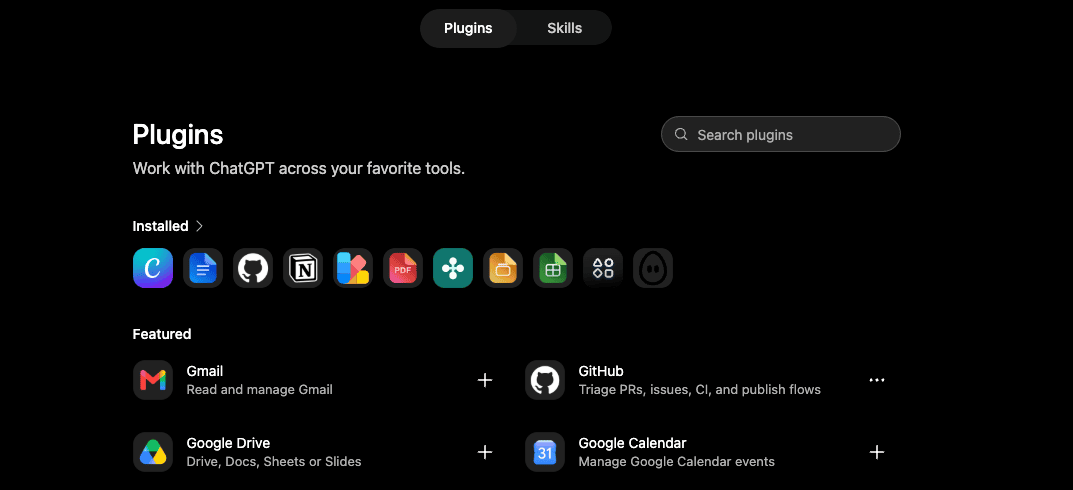 The Plugins page showing installed and featured plugins, with Plugins and Skills tabs at the top