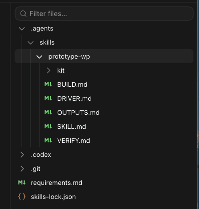 The prototype-wp skill installed in the skills folder, showing SKILL.md, BUILD.md, DRIVER.md, OUTPUTS.md, VERIFY.md, and the kit directory