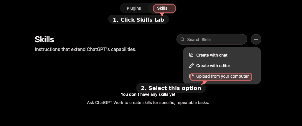 The Skills page showing the plus button dropdown with three options: Create with Chat, Create with Editor, Upload from your computer