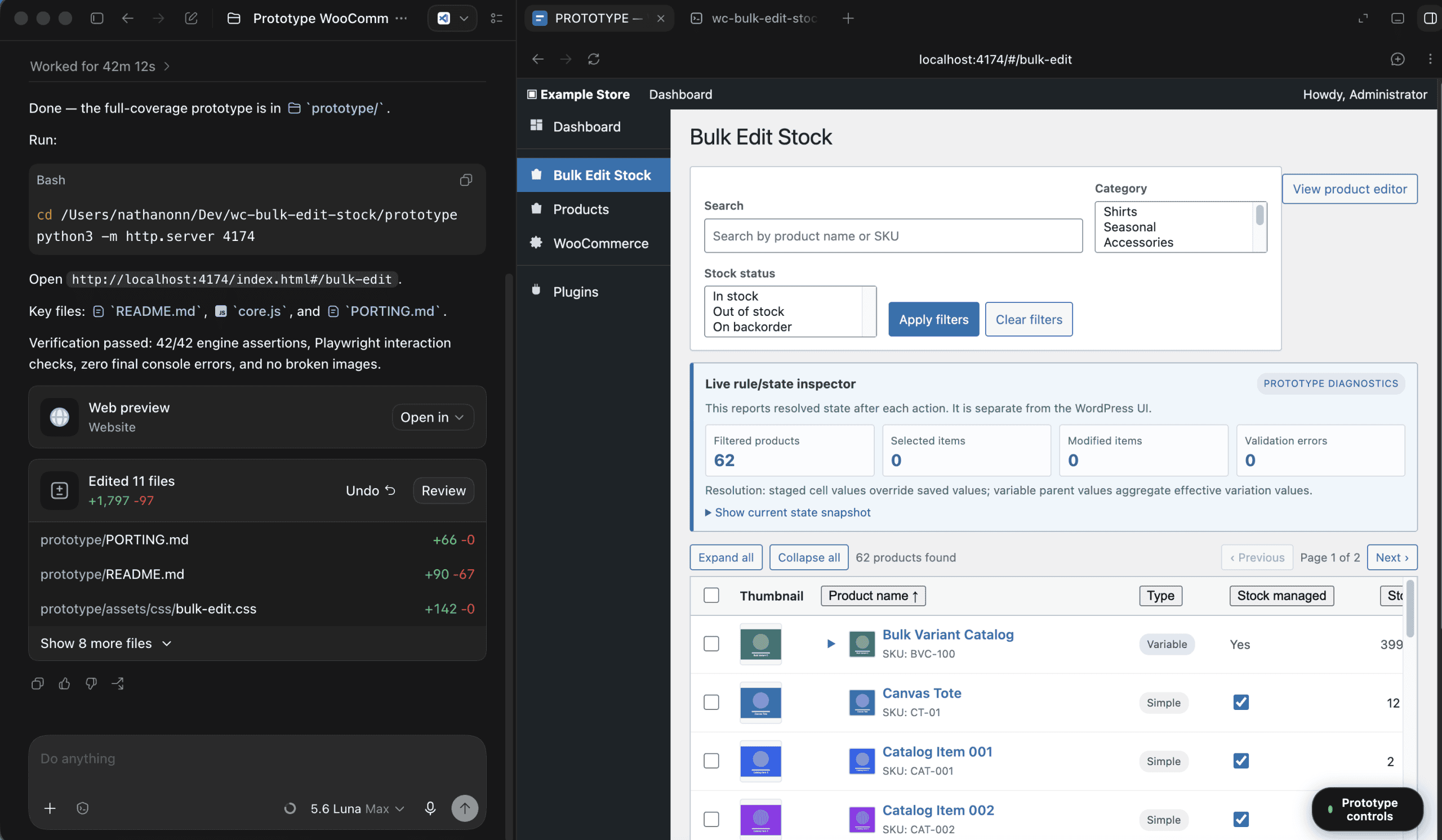Split view — Codex app on the left showing completion in 42 minutes with 11 files edited, prototype on the right showing the full Bulk Edit Stock admin page with WordPress chrome, search/filter controls, state inspector, and product grid