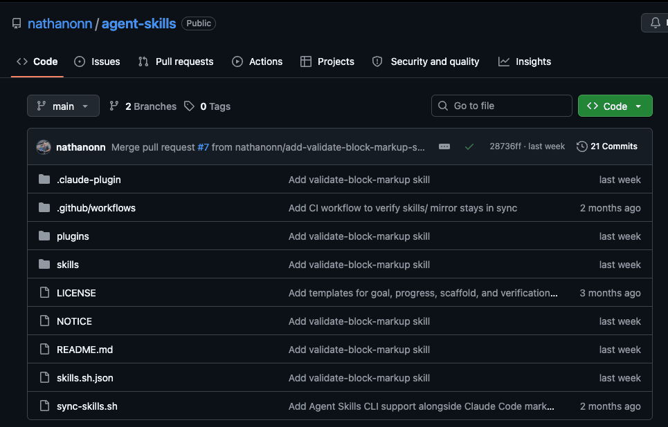 GitHub repository page for nathanonn/agent-skills showing the repo root with folders for skills and plugins