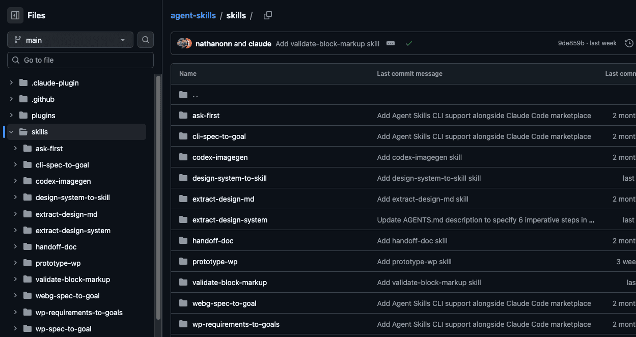 GitHub file browser inside the skills directory, showing available skills including validate-block-markup