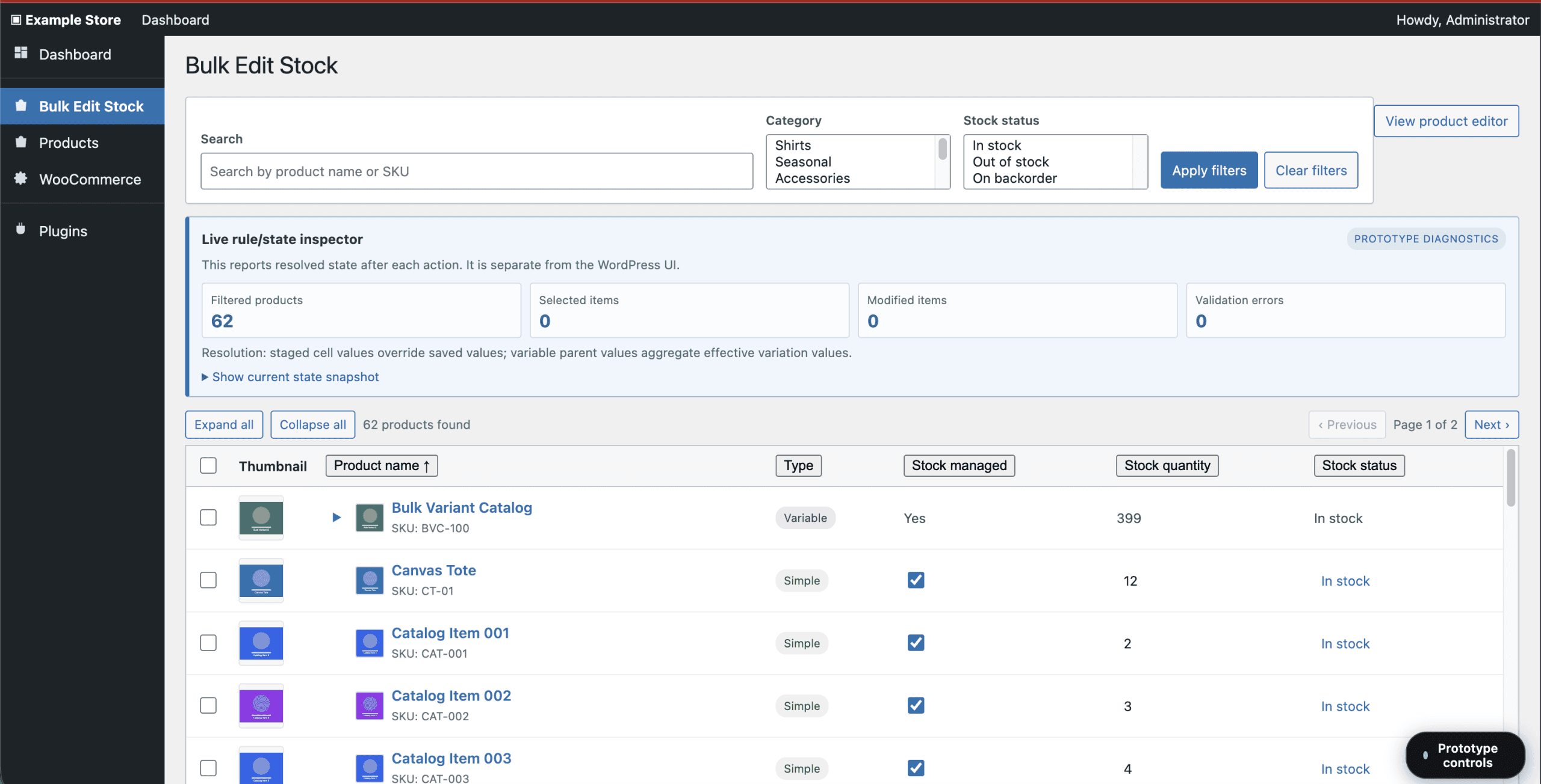 Full admin page prototype showing the product grid with 62 products, filter controls at top, and state inspector panel