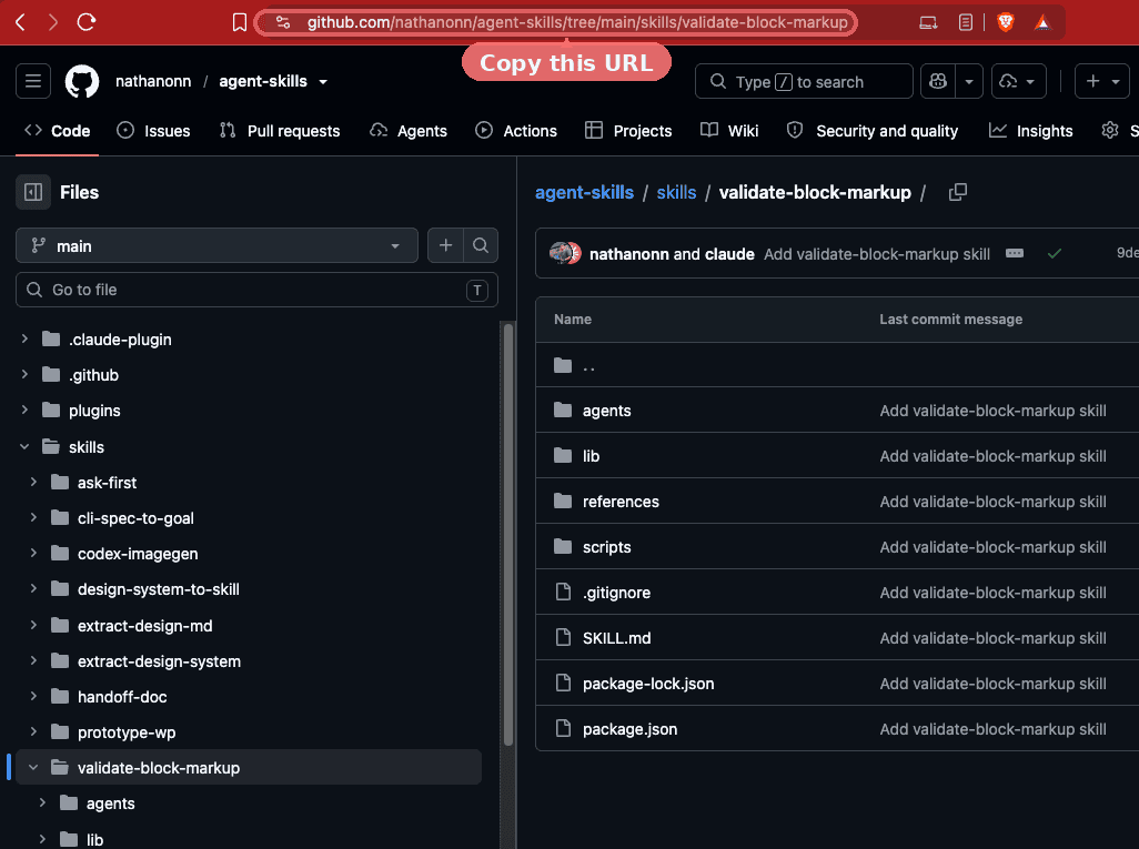GitHub page for the validate-block-markup skill folder, with the full URL visible in the browser address bar