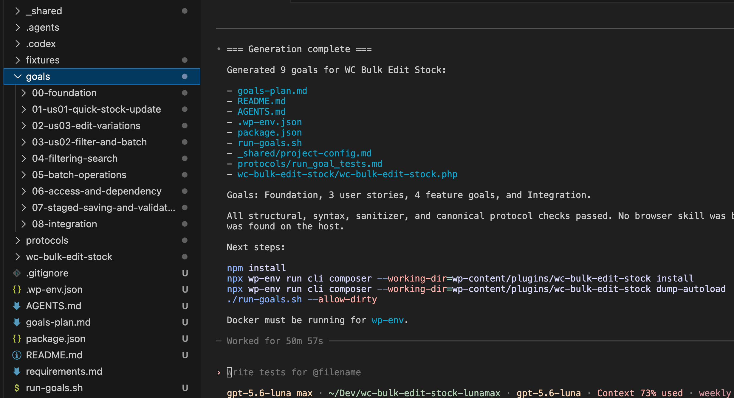 Completed scaffold showing 9 goal folders from 00-foundation through 08-integration, with the generation summary reporting "Goals: Foundation, 3 user stories, 4 feature goals, and Integration" and all protocol checks passed