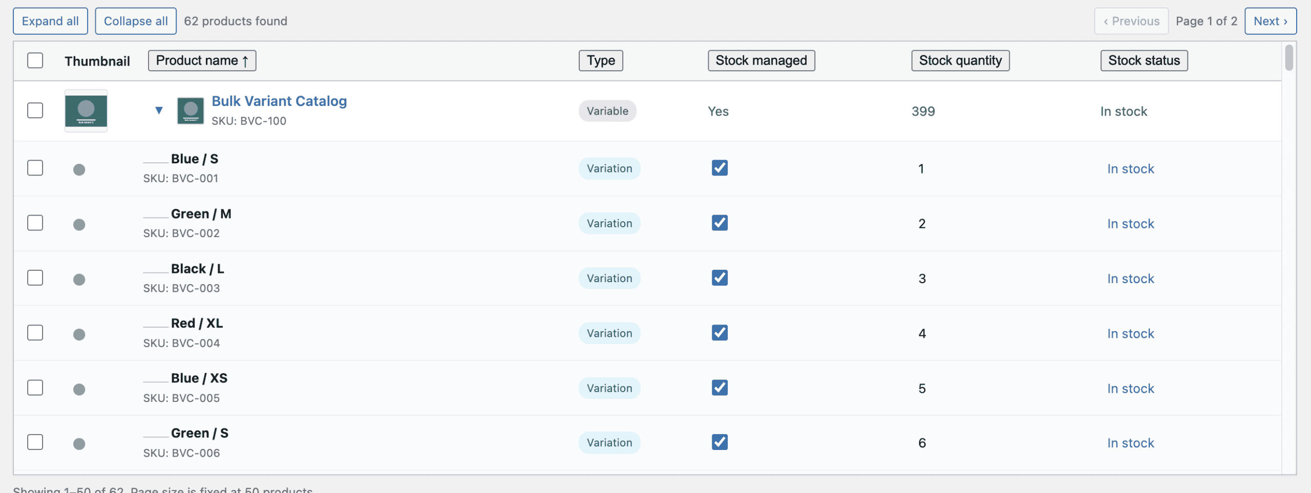 Variable product expanded to show 6 variations with individual stock quantities and status