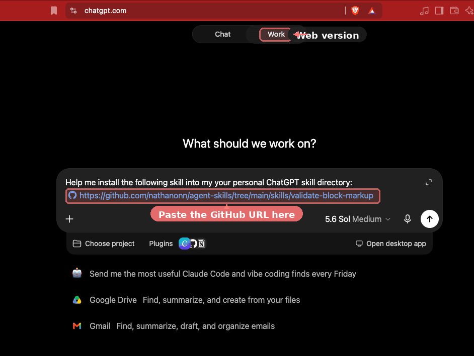 New ChatGPT Work web session with the install prompt typed, including the GitHub URL for the validate-block-markup skill folder