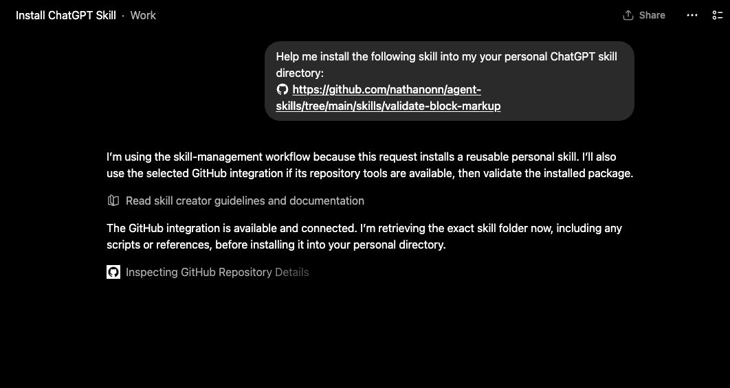 ChatGPT Work processing the install request, showing an Inspecting GitHub Repository step in progress