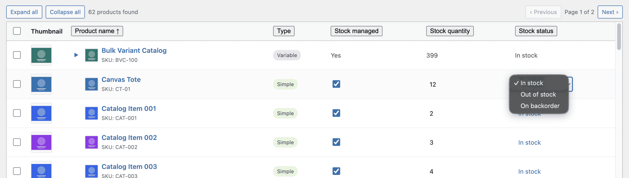 Stock status dropdown open showing In stock, Out of stock, On backorder options