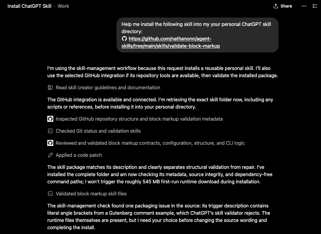 ChatGPT Work mid-install, showing validation steps and a packaging issue it discovered and resolved automatically
