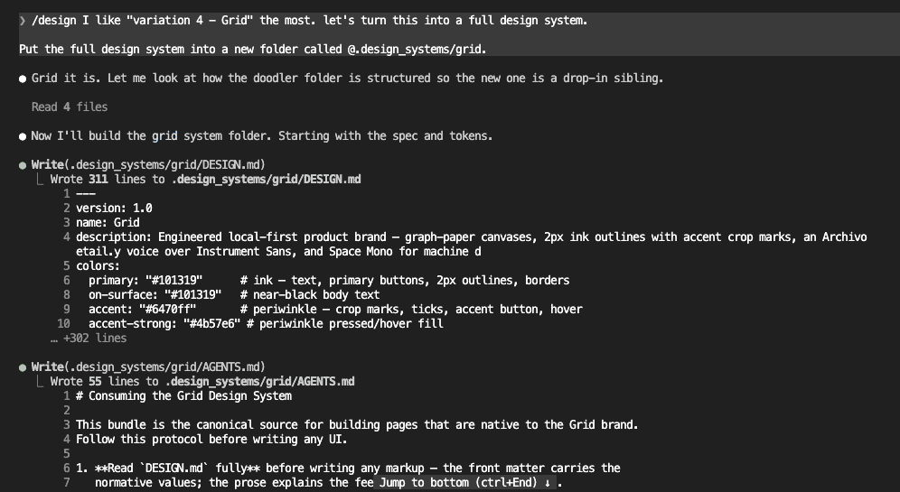 Claude Code receiving the selection, asking to turn variation 4, Grid, into a full design system, and beginning to build the grid design system folder