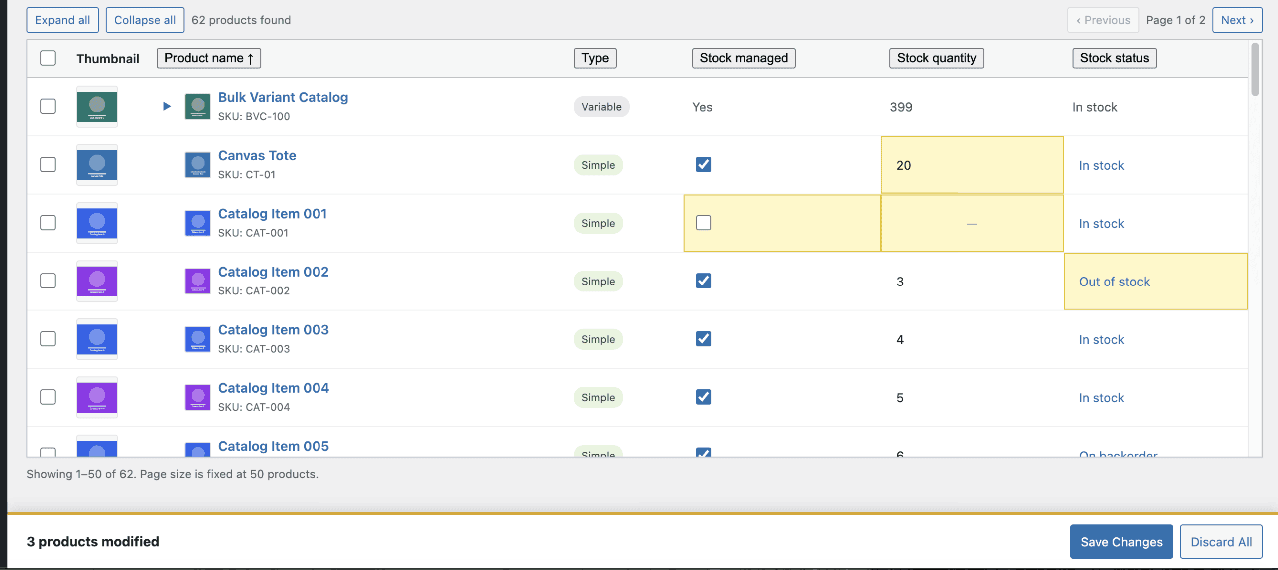 Three products modified with yellow highlighting — quantity changed to 20, stock management unchecked, status changed to Out of stock — with Save Changes and Discard All buttons in the footer bar