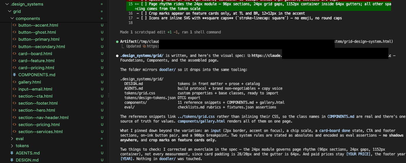 Claude Code building the Grid design system, writing the design reference with tokens, the build protocol, and showing the folder structure mirroring the Doodler original