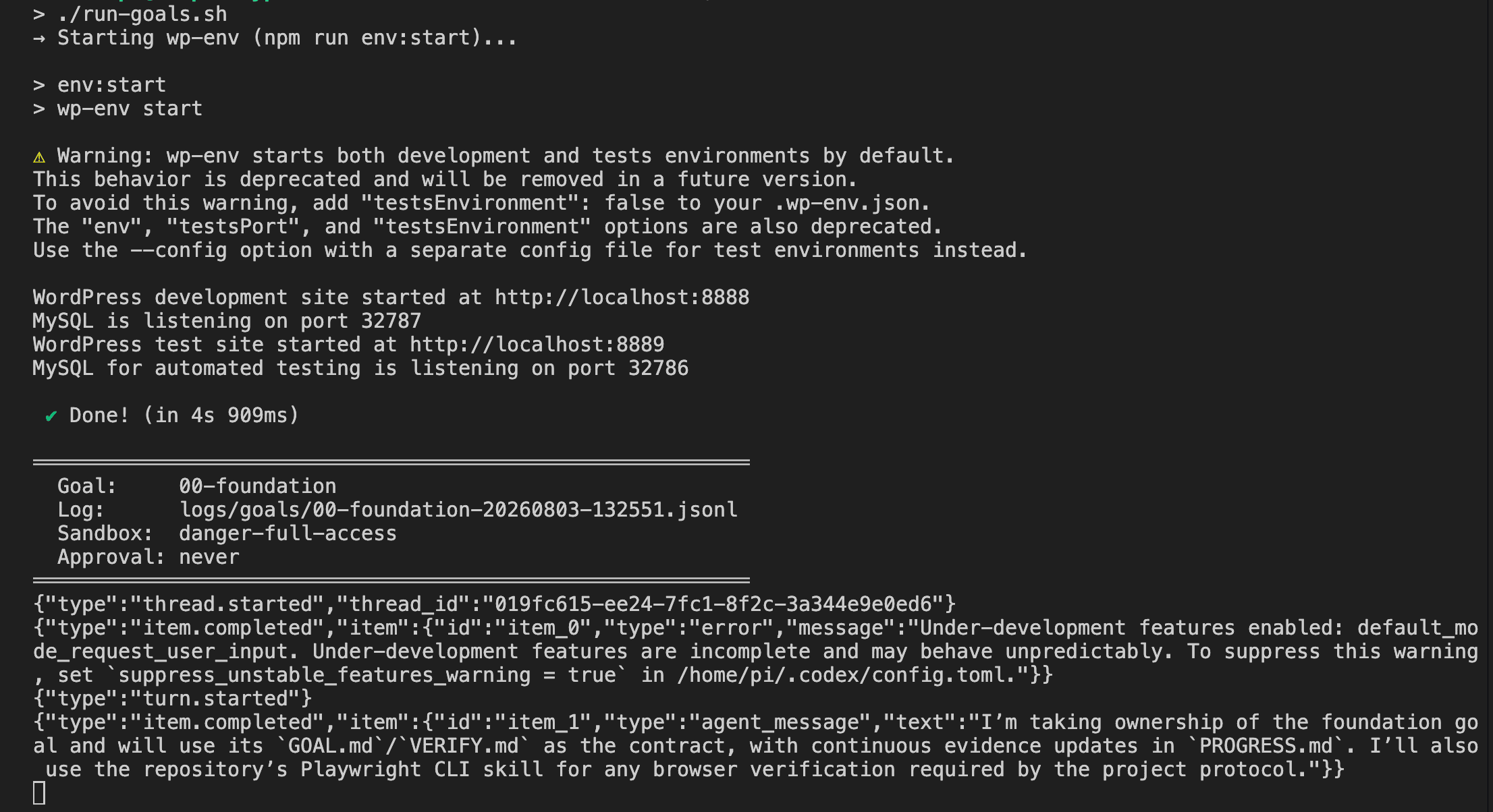 Terminal showing ./run-goals.sh launching the WordPress development environment and starting Goal 00-foundation with the sandbox and approval settings configured for unattended execution