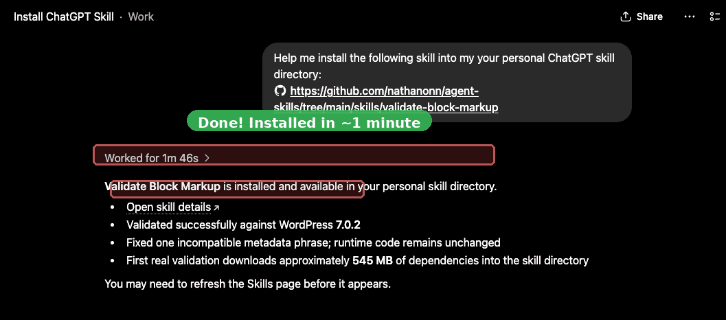 Install complete message confirming that Validate Block Markup is installed and available in the personal skill directory, with validation results