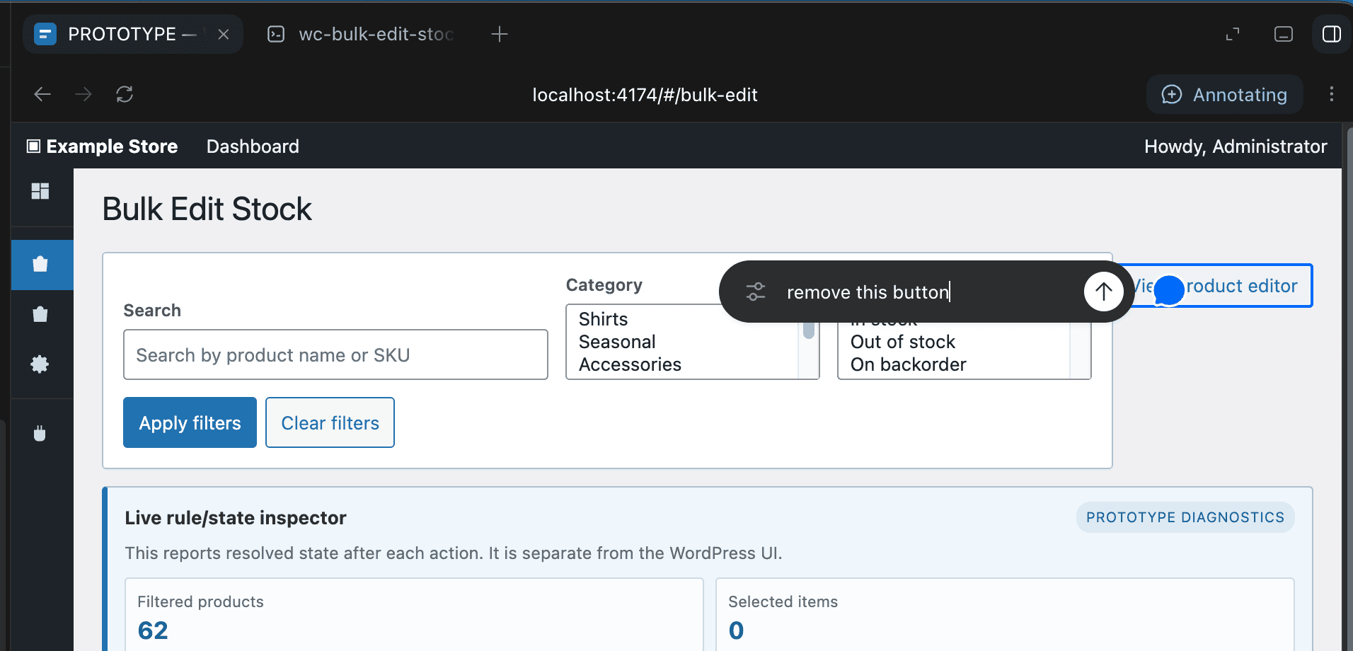 Codex app annotation mode — a dark annotation bubble pointing at the "View product editor" button with the text "remove this button"