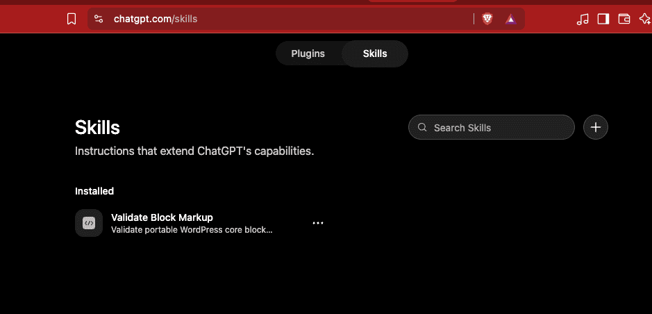 The Skills page showing Validate Block Markup listed under installed skills