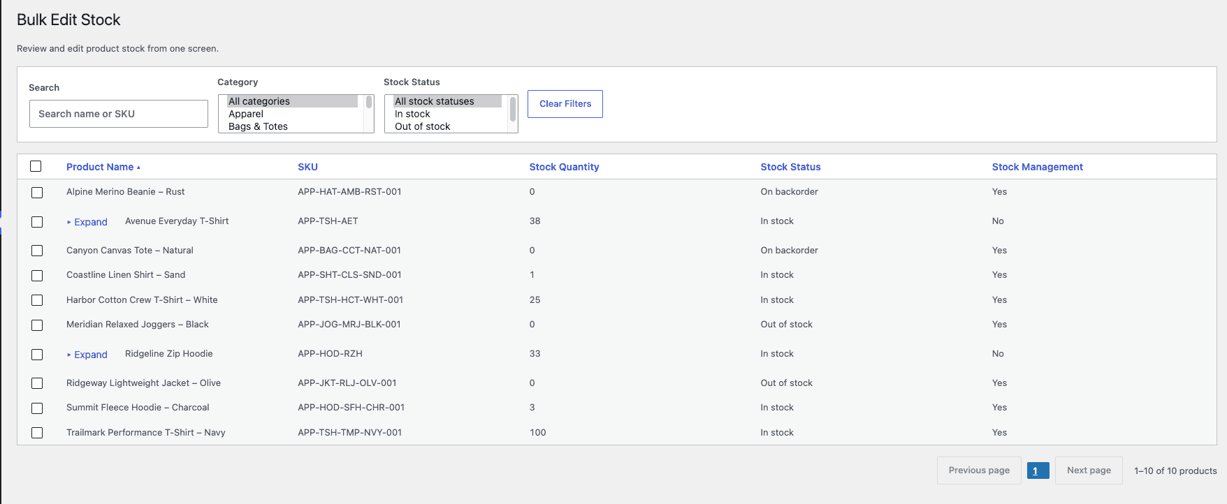 Bulk Edit Stock admin page showing a product grid with search field, category filter, stock status filter, and columns for product name, SKU, stock quantity, stock status, and stock management — 10 products displayed with Expand toggles on variable products