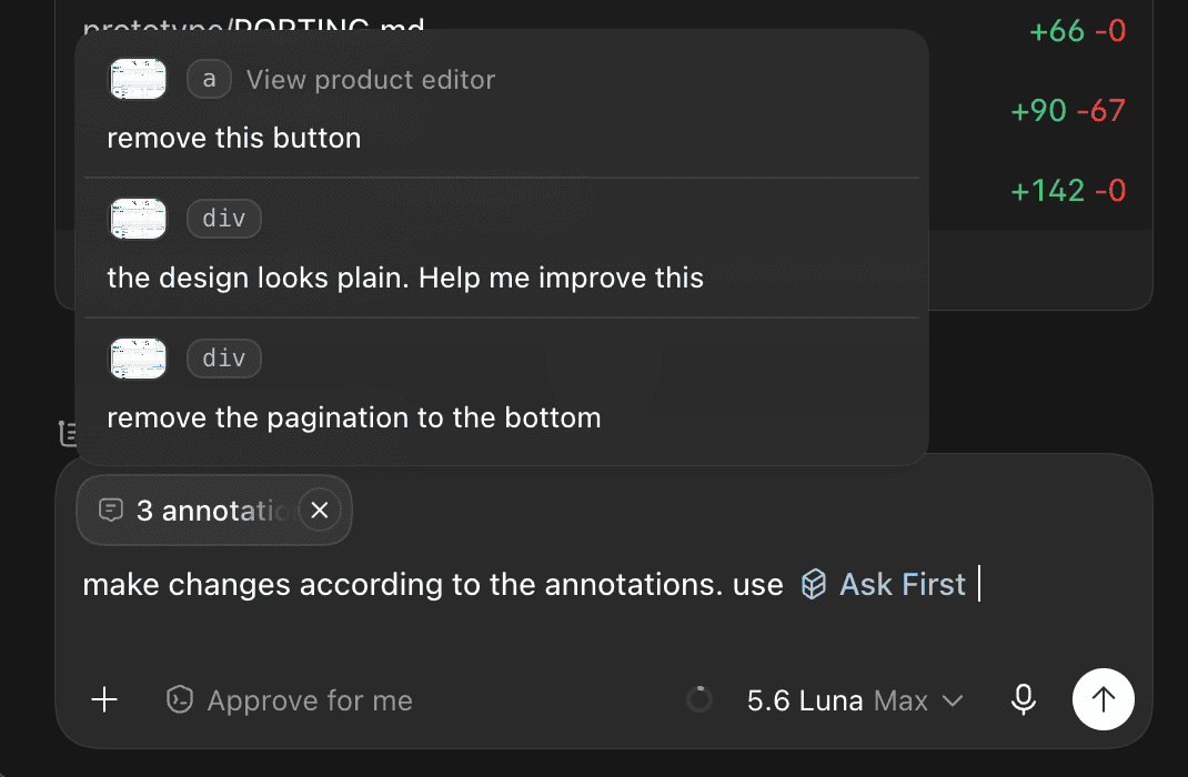 The Codex app chat showing all 3 annotations listed — "remove this button", "the design looks plain. Help me improve this", "remove the pagination to the bottom" — with the instruction "make changes according to the annotations. use Ask First"
