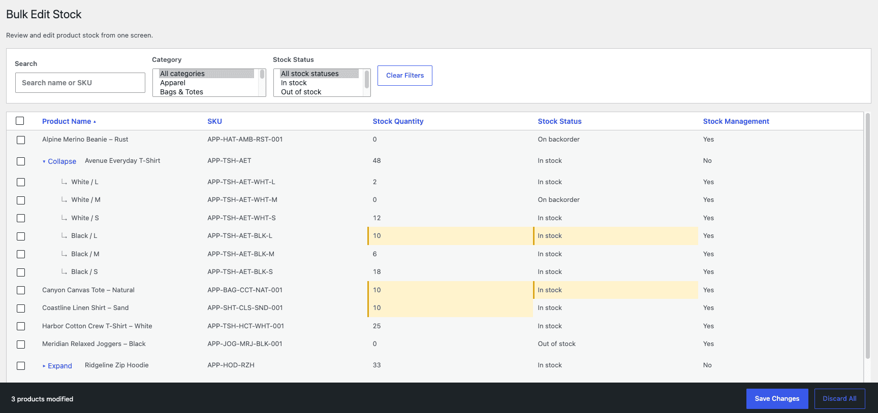 Bulk editing view with the Avenue Everyday T-Shirt expanded to show 6 variations, modified cells highlighted yellow for Black/L variation at quantity 10 and two simple products at quantity 10, with "3 products modified" status bar and Save Changes / Discard All buttons