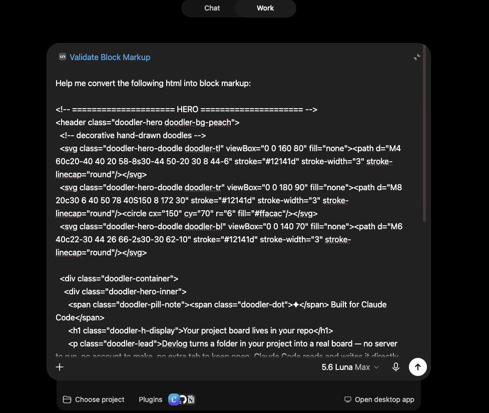 ChatGPT Work session using the Validate Block Markup skill, with HTML code pasted for conversion to WordPress block markup