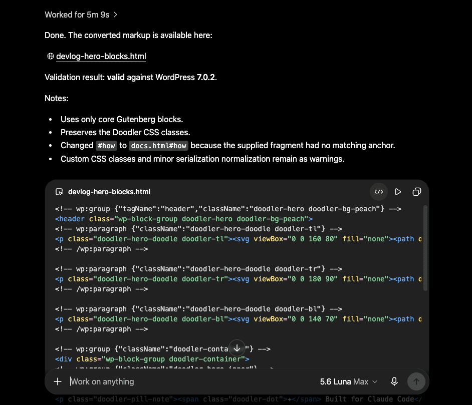 The skill's output showing fully converted block markup alongside a validation result confirming validity against WordPress 7.0.2