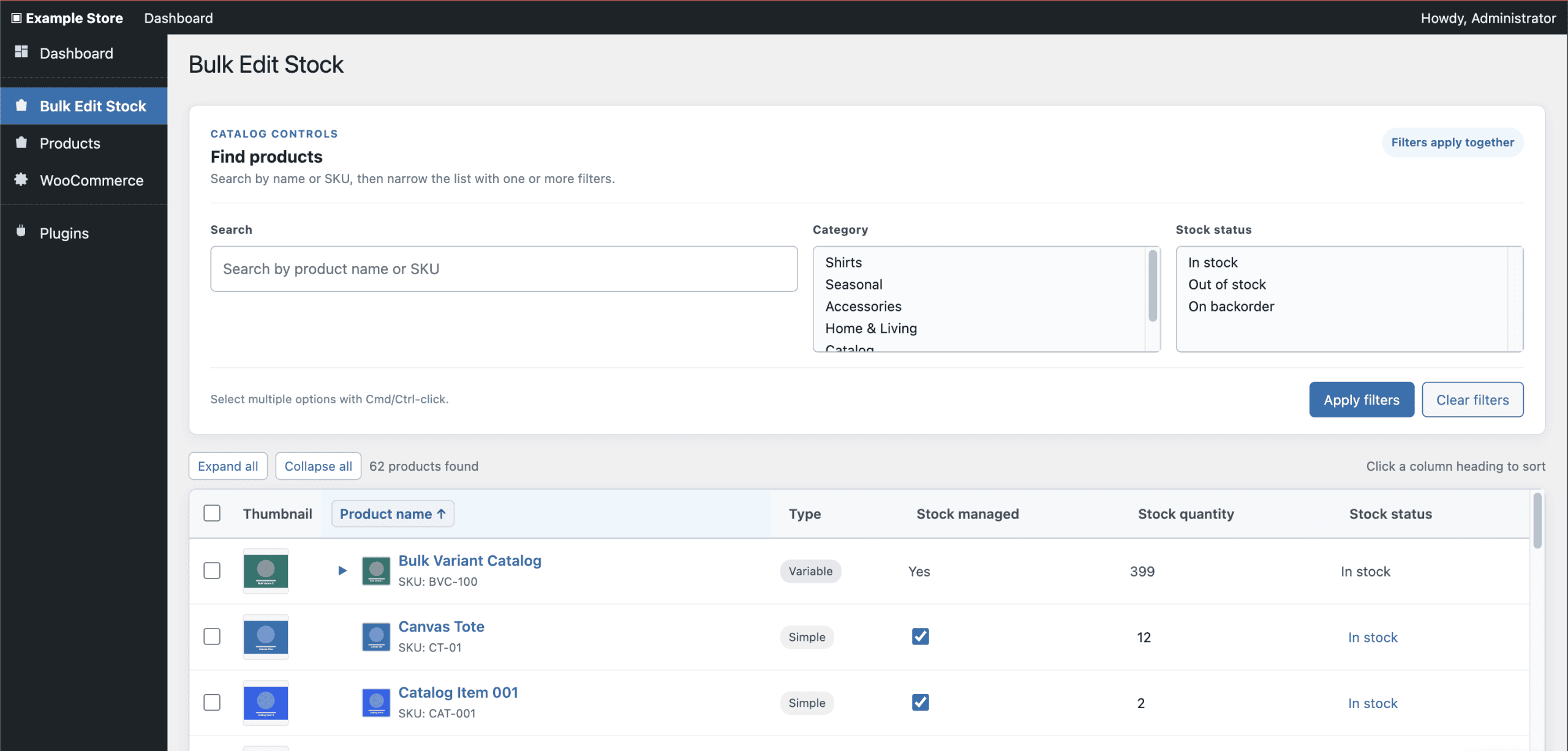 The improved prototype after annotations — section header, subtitle with helper text, expanded category list, "Filters apply together" note, and the View product editor button removed