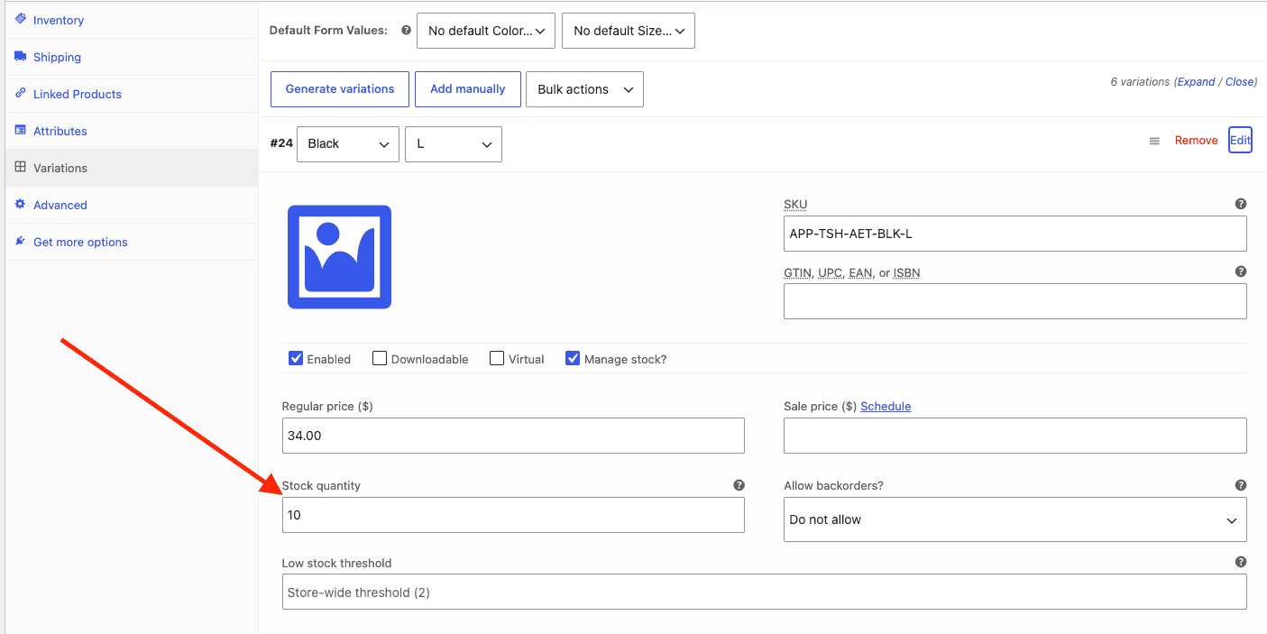 WooCommerce variation edit page for Black/L showing stock quantity 10 persisted correctly after bulk edit, with red arrow pointing to the stock quantity field