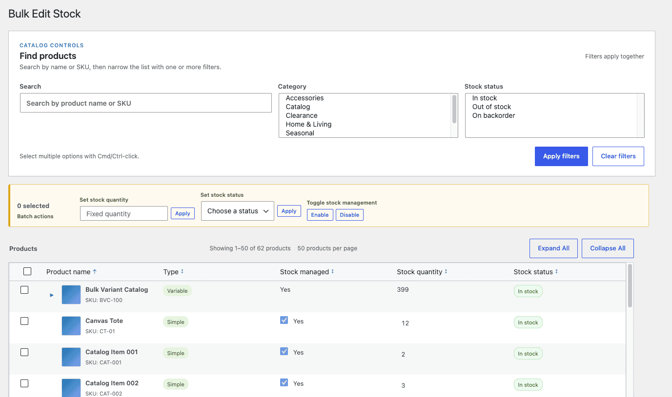 The final plugin UI with prototype — showing section headers, helper text, batch action bar, product grid with stock status badges and sortable columns