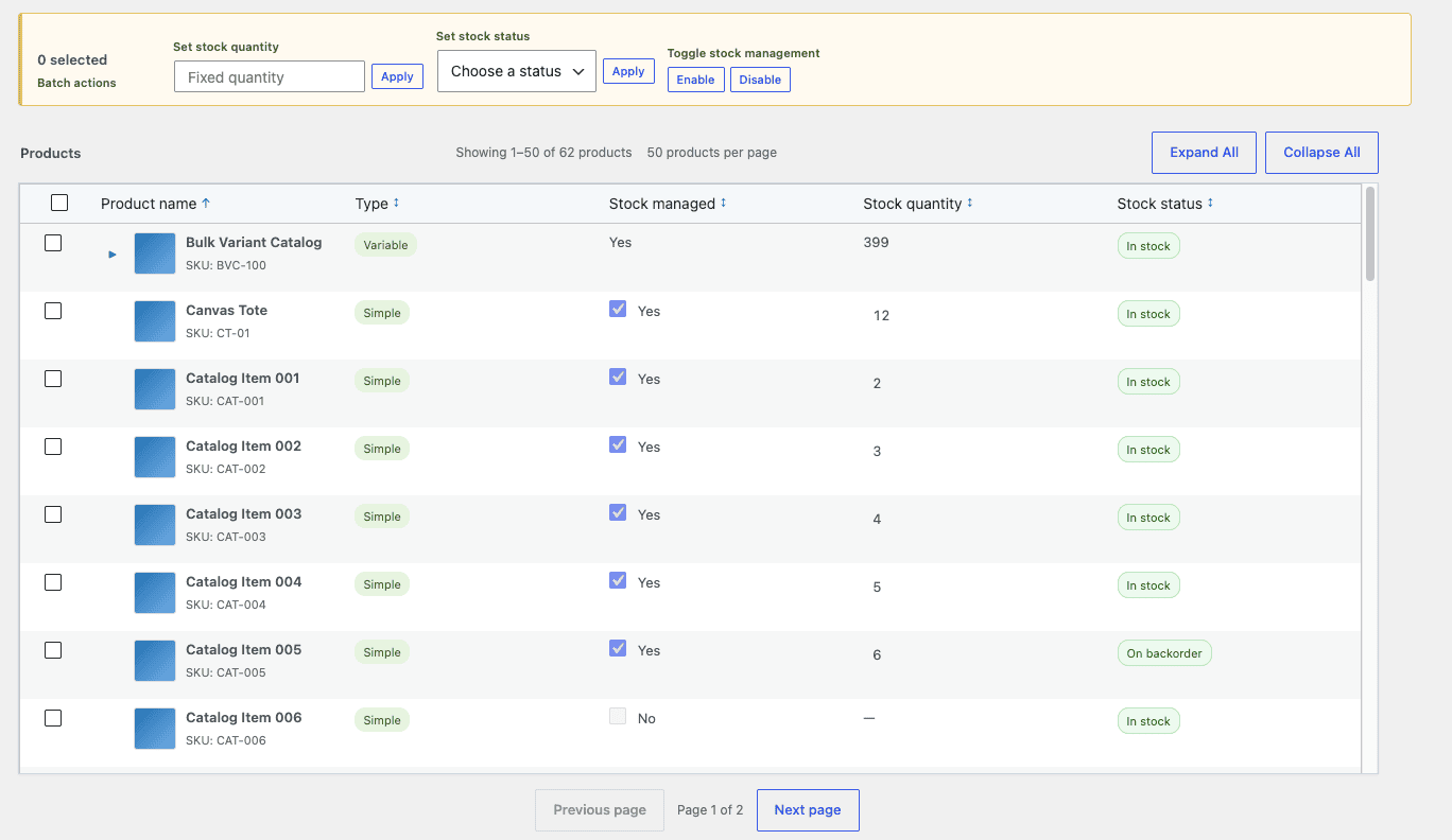 Product grid showing batch actions at top, pagination at bottom, and expanded product list with type badges and stock status badges