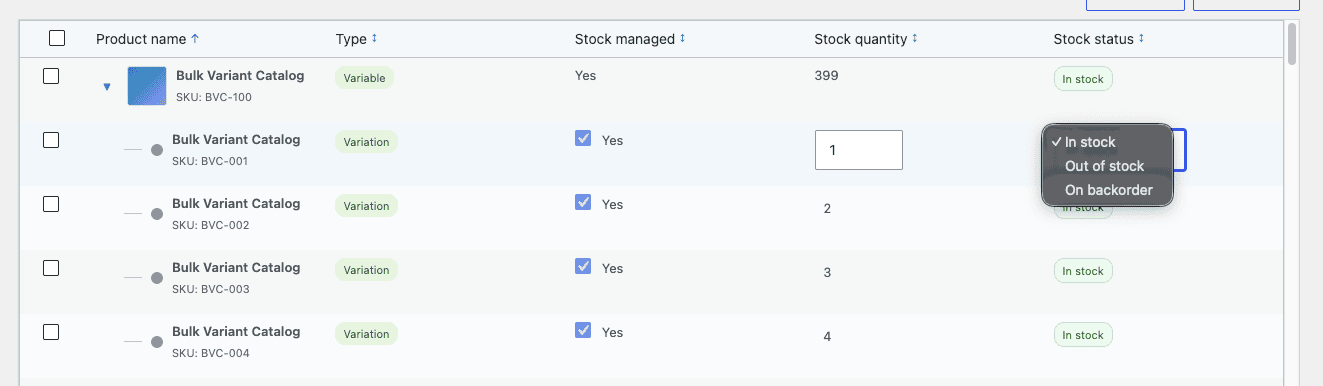 Variable product expanded showing per-variation editing with editable quantity fields and stock status dropdowns