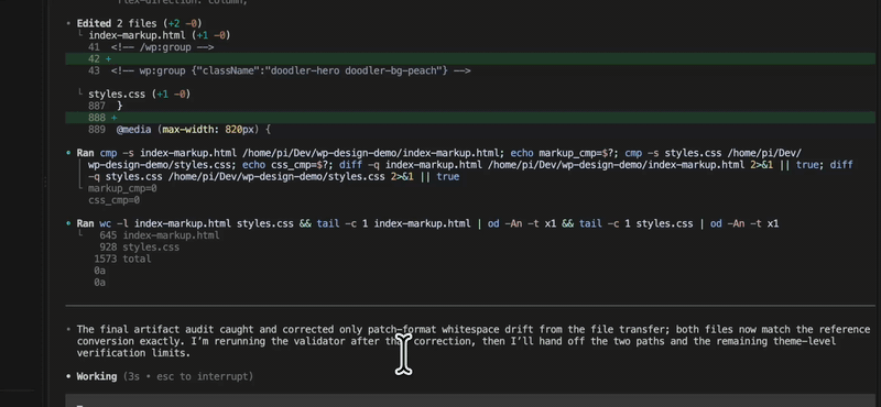 GIF: Claude Code converting HTML to validated WordPress block markup