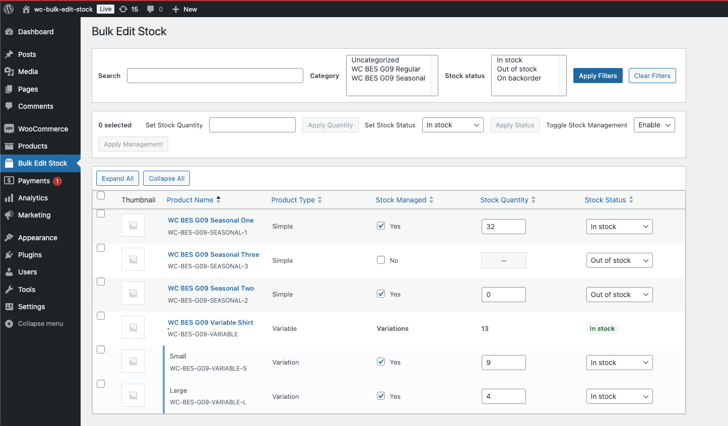 The GPT-5.5 build's admin page — same plugin, but with additional controls: editable stock status dropdowns per row, stock management checkboxes, a bulk action bar with Set Stock Quantity / Apply buttons, Set Stock Status dropdown, Toggle Stock Management control, and Expand All / Collapse All buttons