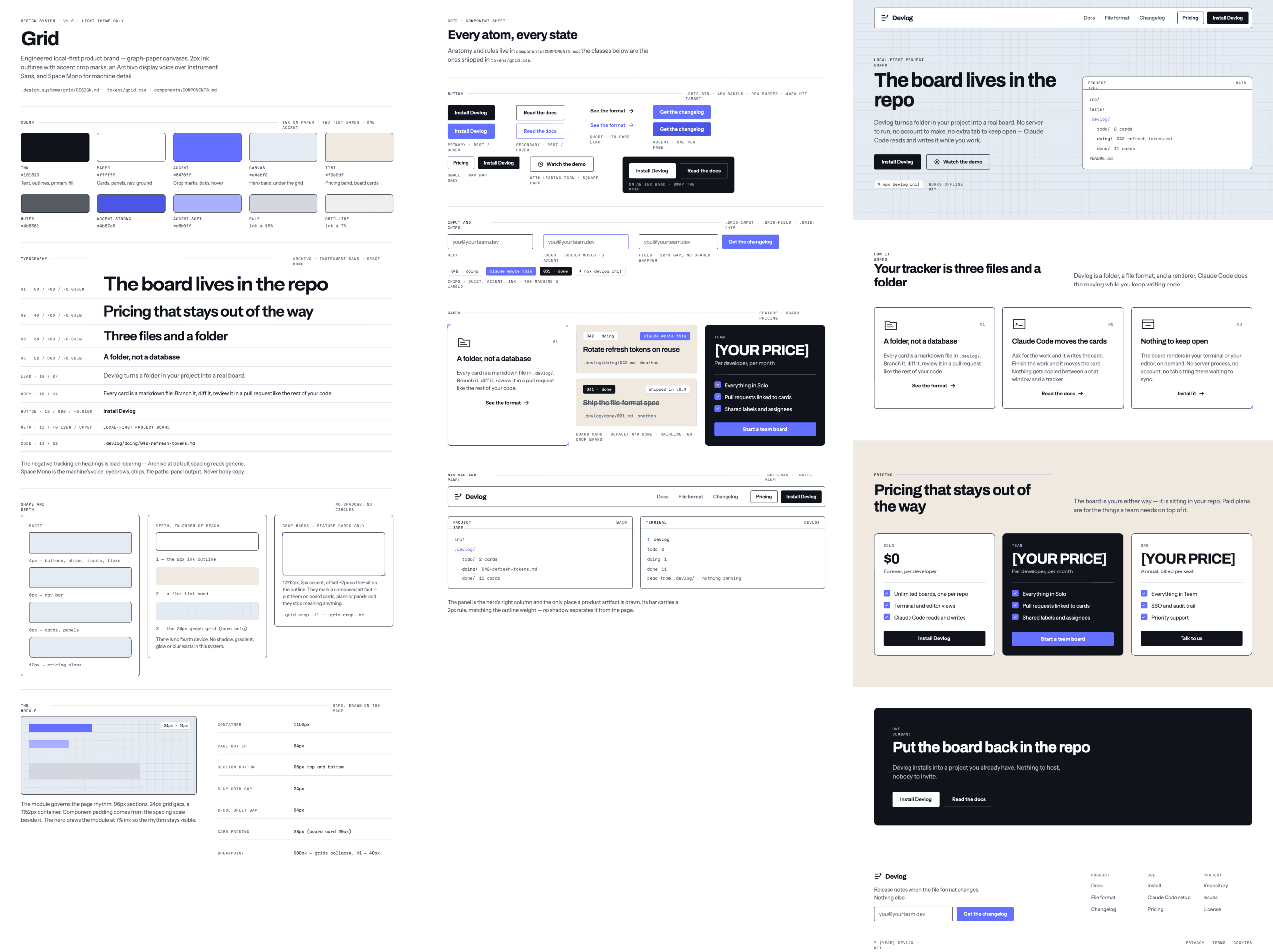 The complete Grid design system rendered as a visual spec, showing the color palette, typography scale with Archivo headings and Instrument Sans body, shape and depth rules with radii, crop marks, and the 24px page module