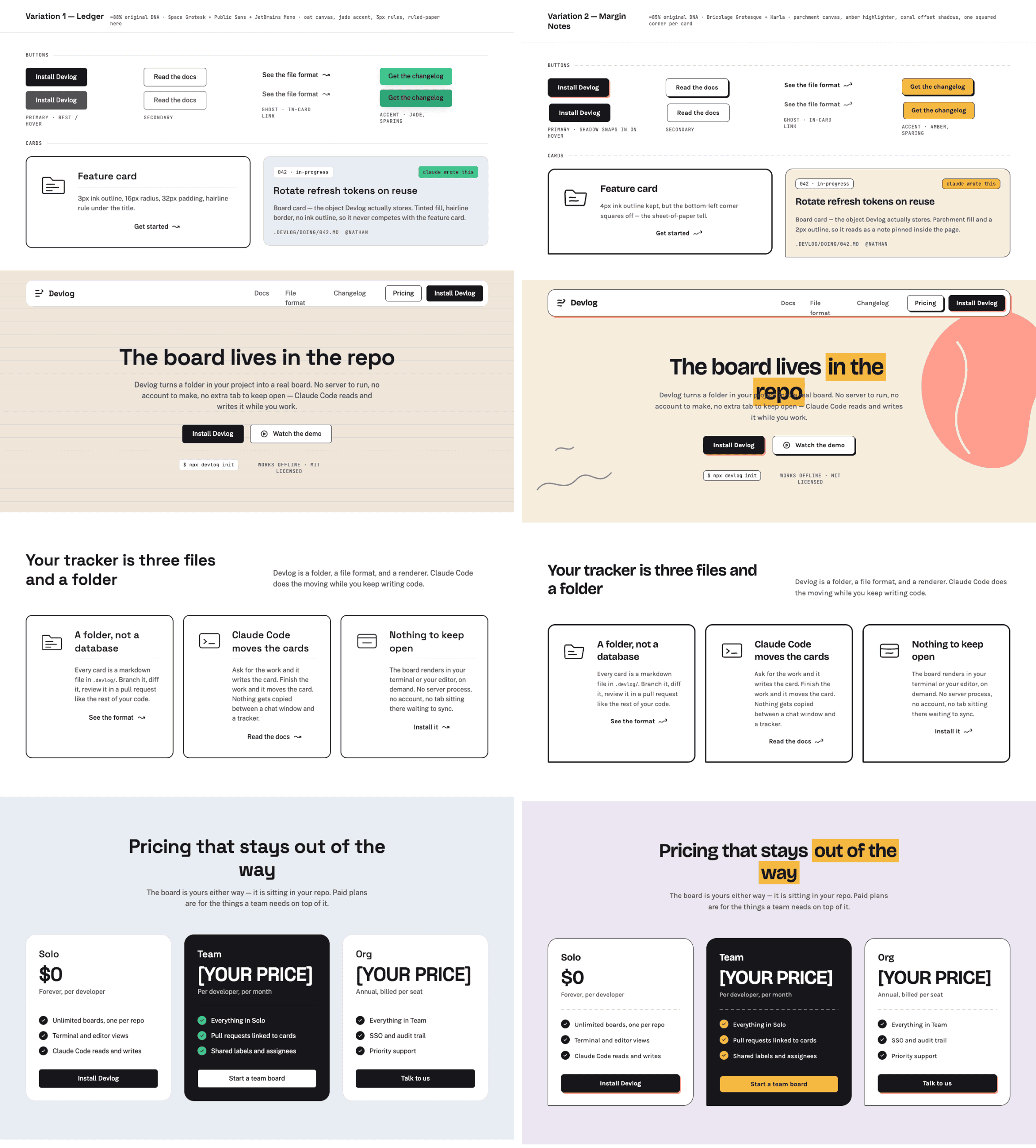 Variations 1 and 2 side by side, Ledger with its ruled-paper hero and jade accent, Margin Notes with parchment canvas and amber highlighter swipes
