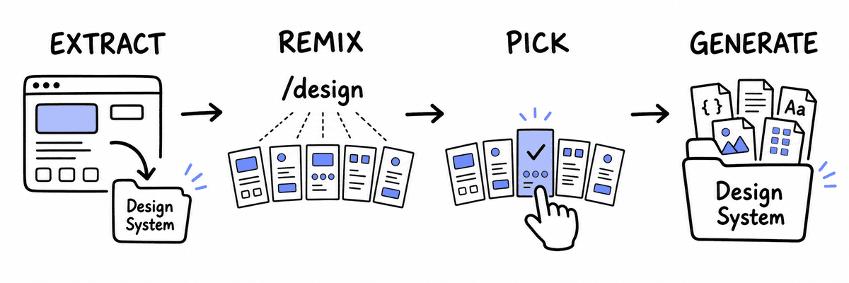The remix workflow — Extract a design system from a site you admire, Remix it into variations with /design, Browse the canvas and pick one, Generate a complete design system from your pick