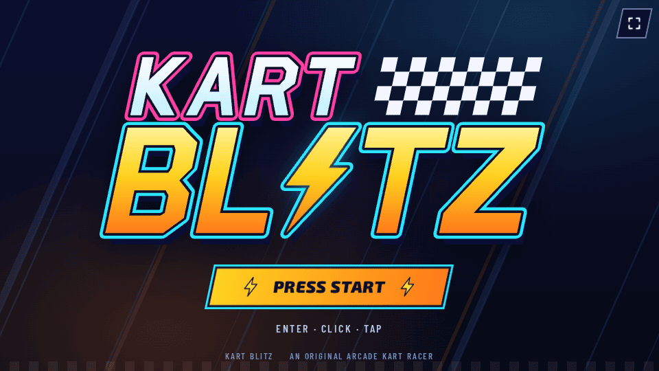 Kart Blitz title screen displaying the game logo with a lightning bolt, Press Start button, and the tagline An Original Arcade Kart Racer