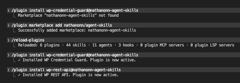 Claude Code terminal showing the marketplace add and plugin install commands with success messages