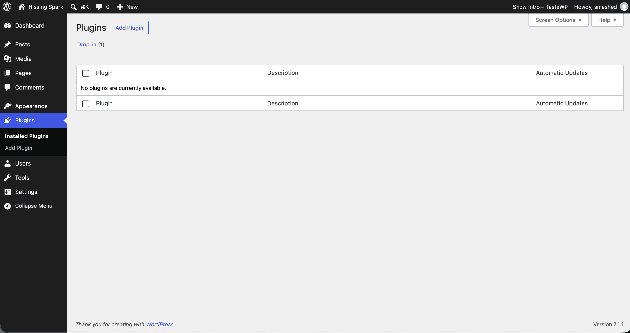 WordPress admin Plugins page showing "No plugins are currently available" on a fresh install running version 7.1.1