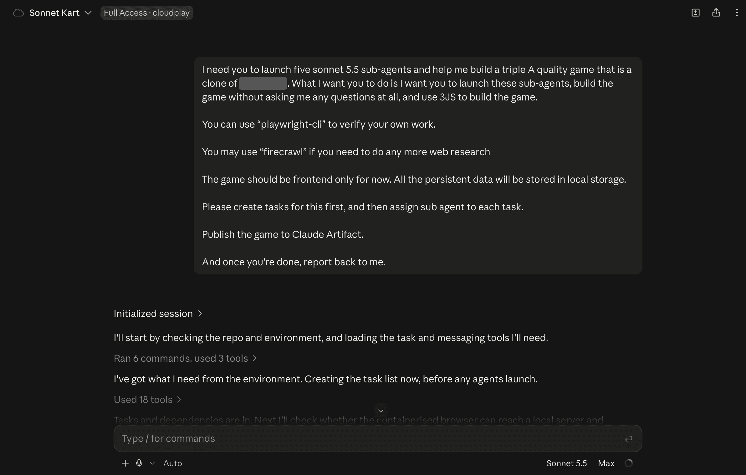 Claude Code on the web showing the Sonnet Kart project with the Full Access cloudplay environment badge, Sonnet 5.5 at Max effort, and the full prompt before the session begins