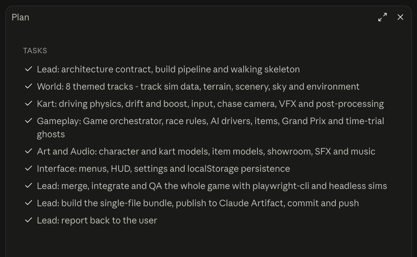 Sonnet 5.5's task plan showing nine checked items — lead agent creates the architecture contract and build pipeline, five builders handle world and tracks, kart physics, gameplay and AI, art and audio, and interface, then the lead merges and tests with a browser, publishes the game, and reports back